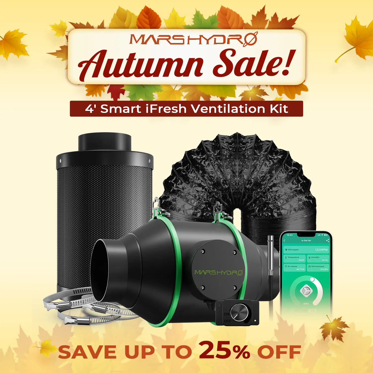 

Mars Hydro 4'' 6'' Smart Ifresh Inline Ducting Fan Ventilation Kits with Carbon Filter for Grow Tent Kits