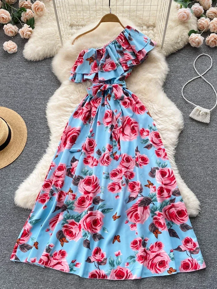 Floral Print Dress Summer Sexy Off-the-shoulder Waist Temperament A-line Holiday Beach Big Swing Long Dress Women D1127