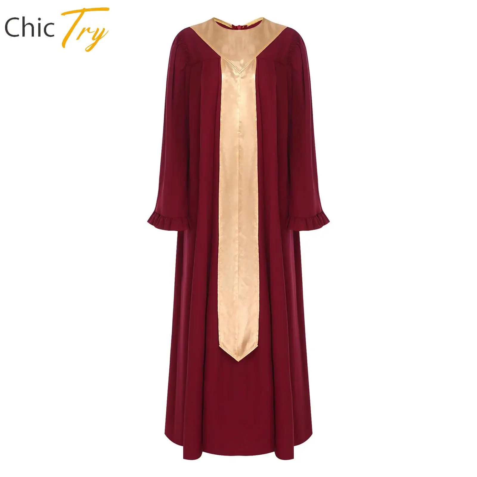 

Женское церковное облачение для выступлений: расклешенное платье с длинными рукавами, оборками и поясом, длинное платье-кимоно, сутана для священниц, литургическая одежда для хоров и танцев