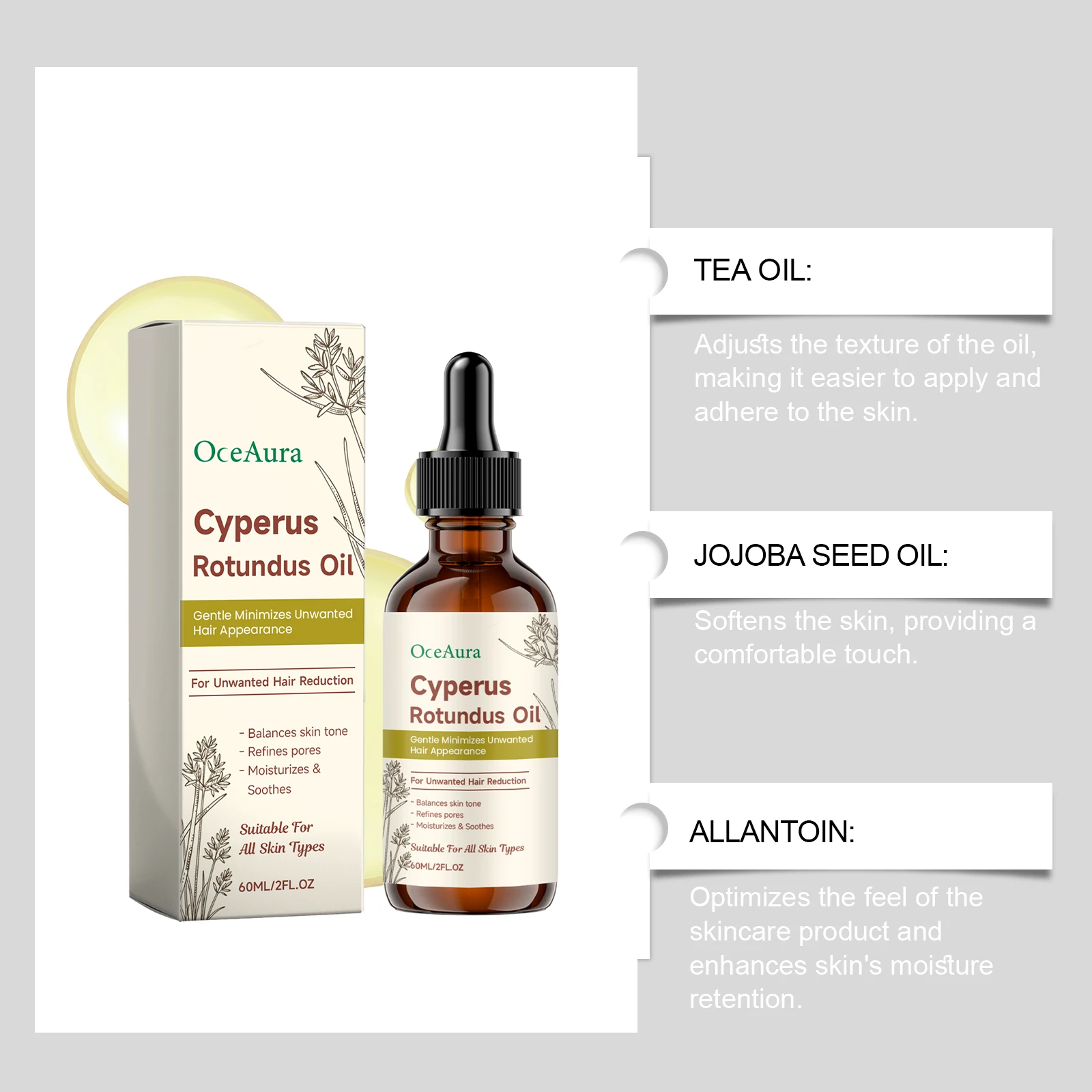 Cyperus Rotundus Hair Removal Oil Smooth Skin Deep Hydration Soothe Dry Tight Redness Tighten Pores Hair Growth Delay Essence view 3