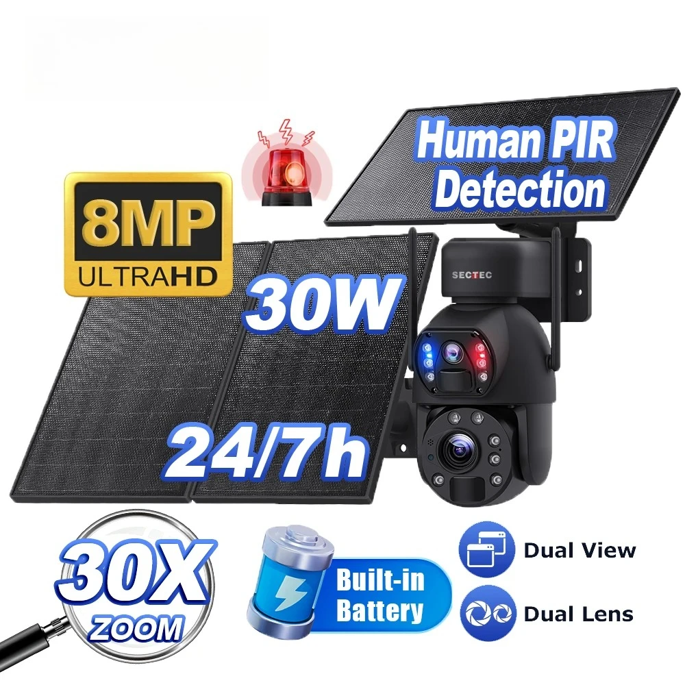

30W 8MP 24/7 Long Power 30X Zoom Dual Lens 4G 24 Hours Continuous Work Solar Powered Power Supply Solar CCTV Security IP Camera