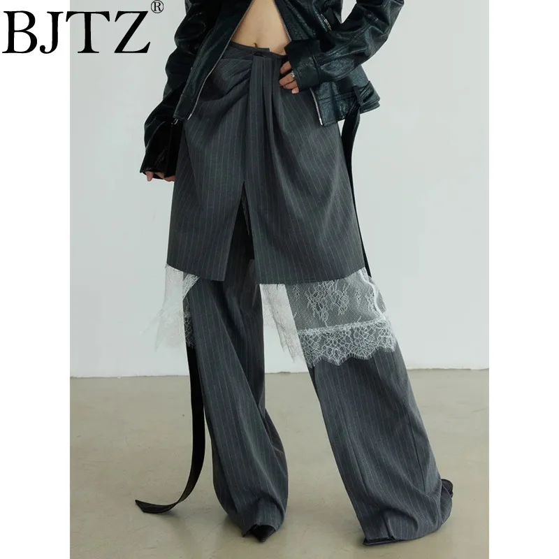 BJTZ All-in-one High-waisted Gray Stripes 2025 Spring And Autumn New Three-piece Lace Wide-leg Pants Women's New Pants Fashion
