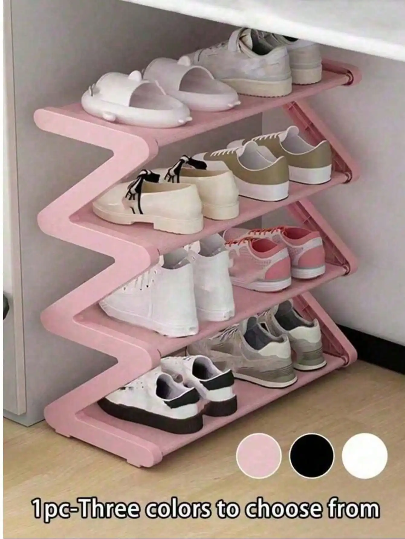Étagère à chaussures en plastique rose en forme de Z à 4 niveaux: organisateur empilable sans outil pour un rangement peu encombrant pour la maison/dortoir
