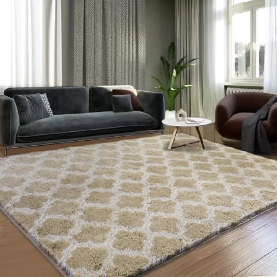 

5x7 Feet Extra Soft Shag Area Rug for Living Room Bedroom Room and Nursery High Pile Indoor Carpet with Geometric Design in Bei