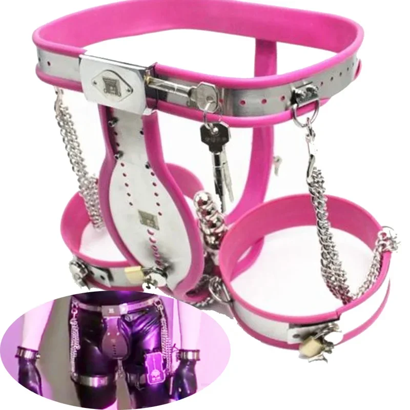Pink Male Chastity Belt Device Bra Chastity Device Bdsm Bondage Set Thigh Cuffs Rings Pant Anal Plug Adult Sex Toys for Men