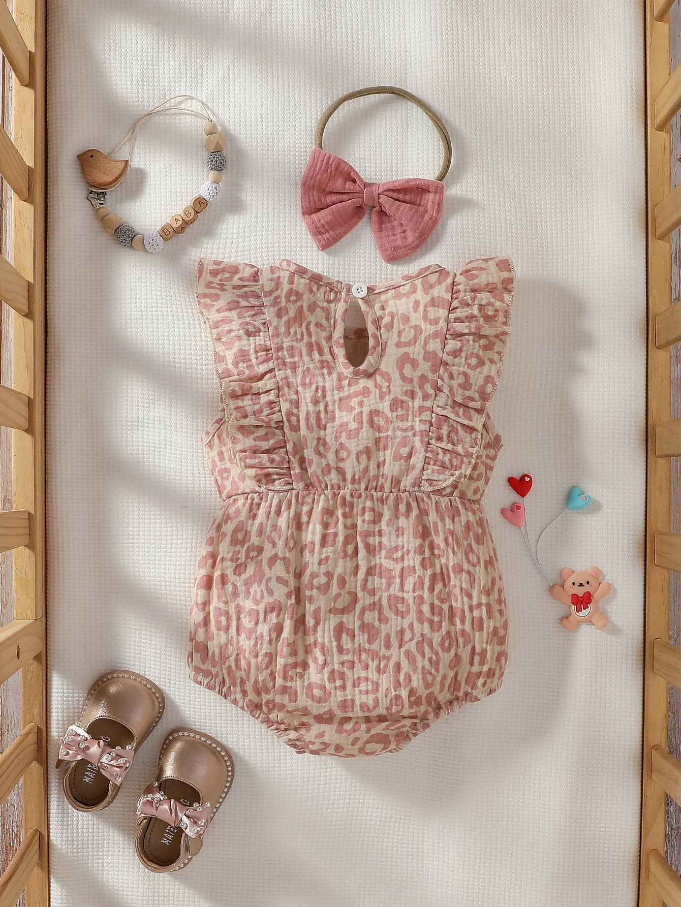 Baby Girls Sleeveless All Over Print Summer Cotton Soft Pink Jumpsuit With Bow For Preppy Style Casual +Headband