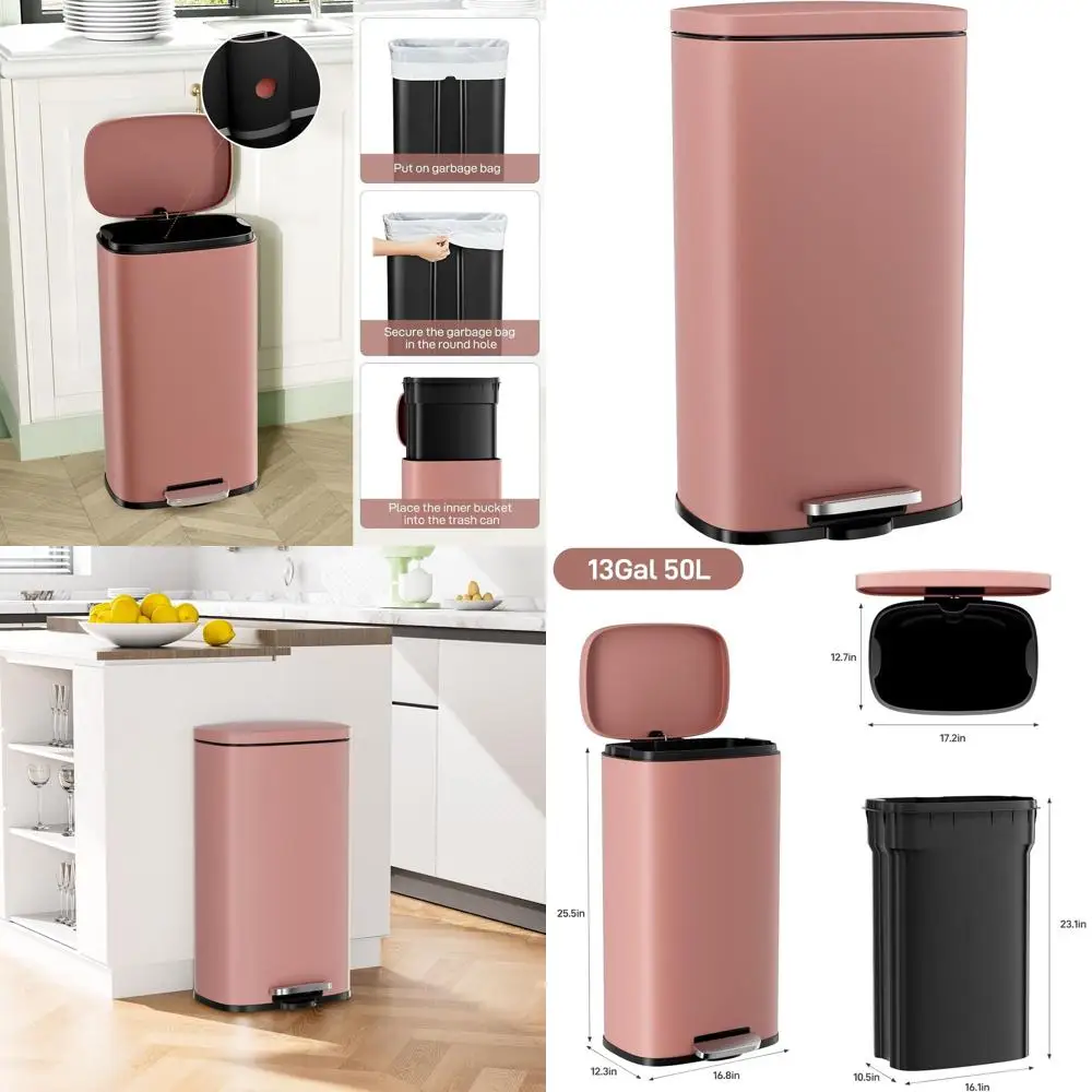 

13.2 Gallon Stainless Steel Step Trash Can with Removable Inner Bucket, Touch-Proof Lid, Ideal for Kitchen and Home (Pink, 50L)