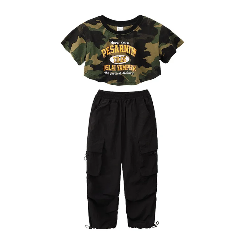 키즈 힙합 의류 카모 오버사이즈 티셔츠 크롭탑 베스트 블랙 캐주얼 포켓 카고 팬츠 (여아/남아) 재즈 댄스 의상