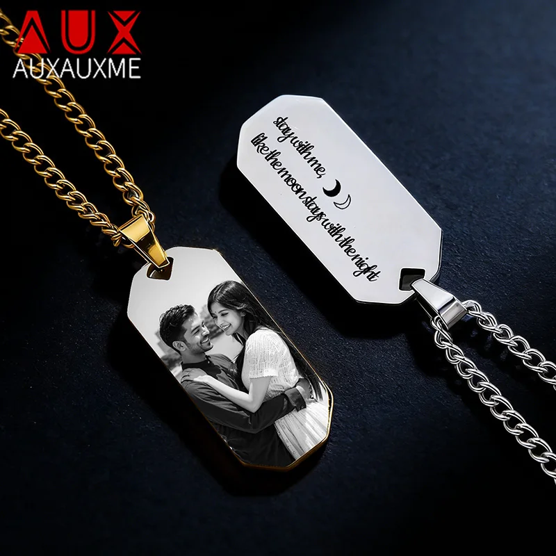 Auxauxme Custom Engraved Name Photo Necklace Stainless Steel for Women Men Personalized Square Pendant Party Gift Jewelry