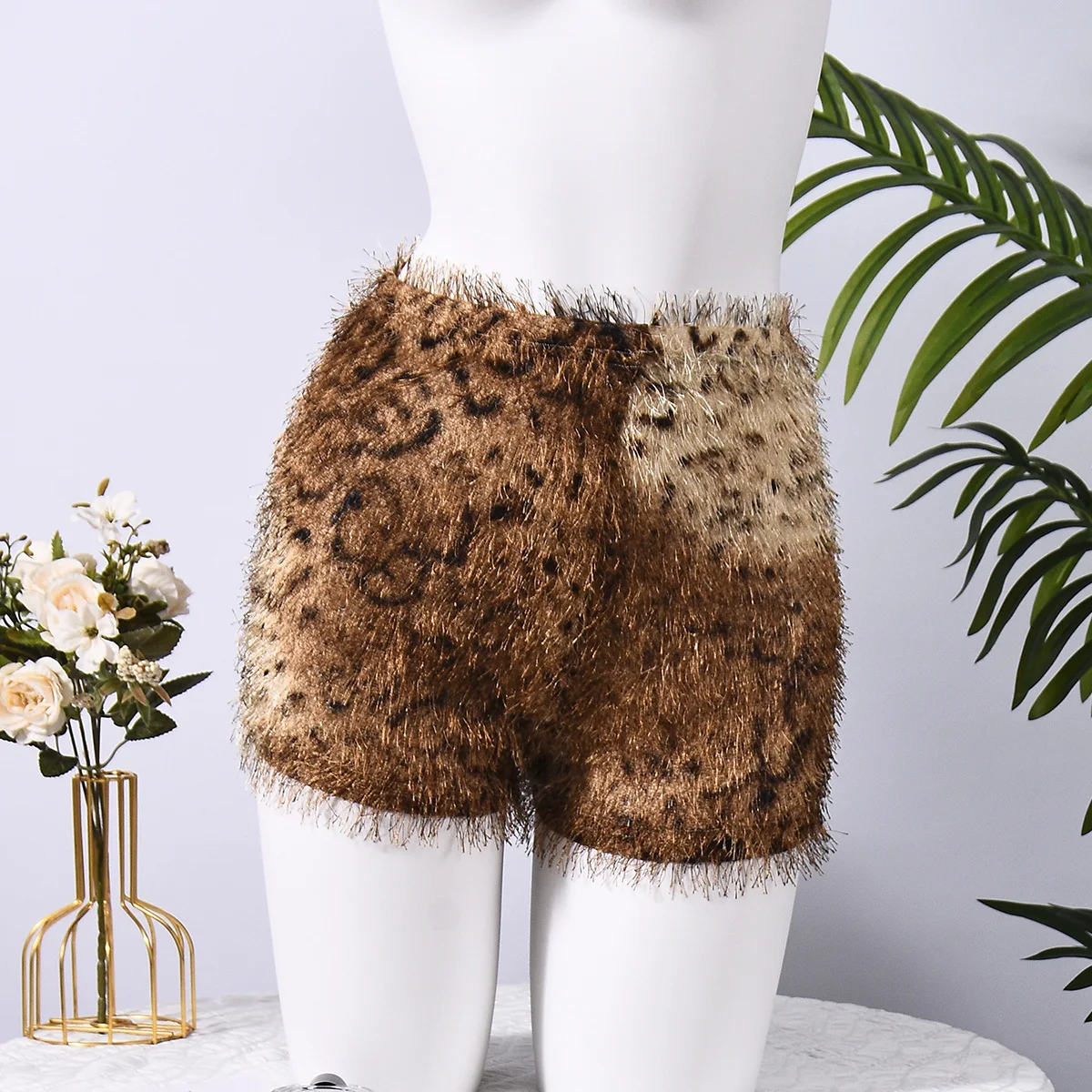 Fur Leopard Shorts Sexy Pants High Waist Skinny Pants 2025 Women Winter Clothes Club Wear Fashion Cargo Elegant Cute Pants