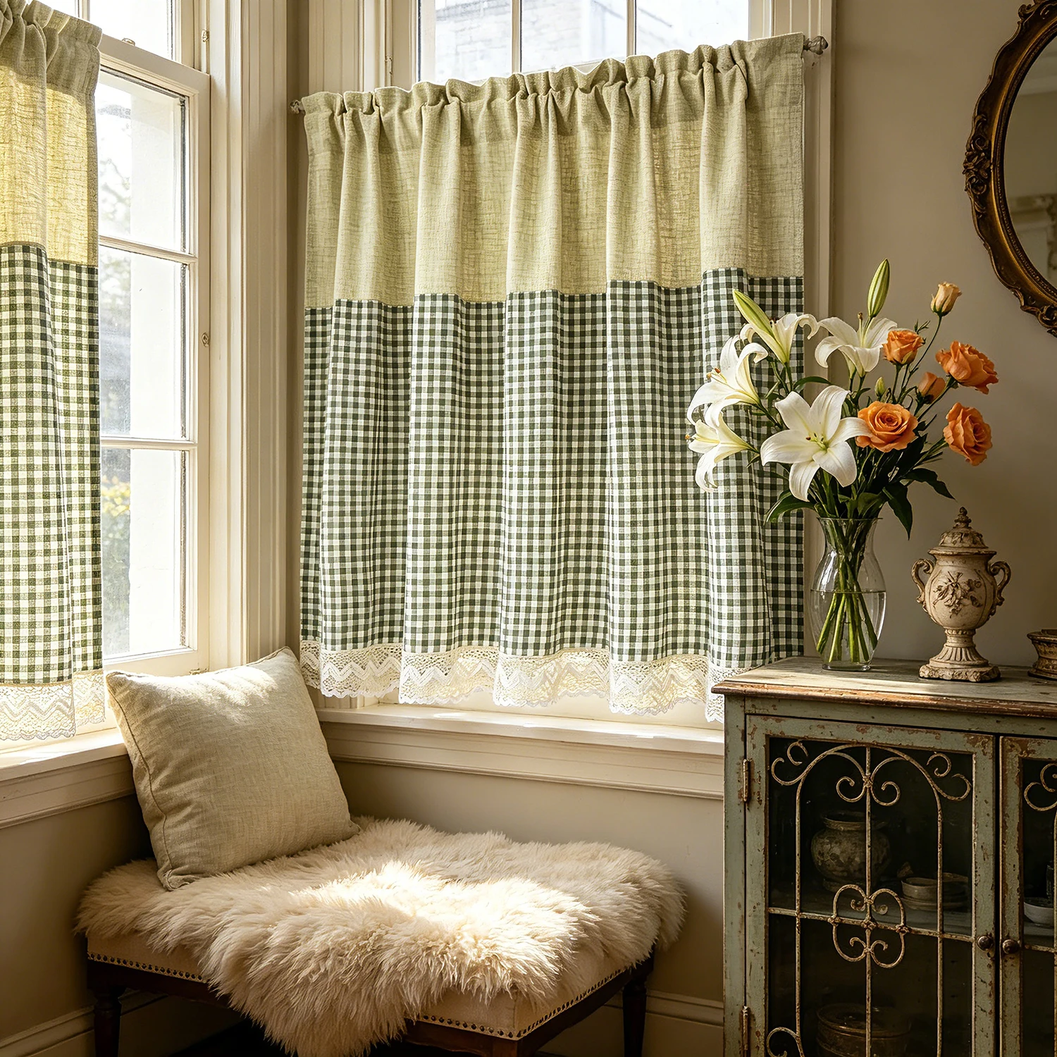 1PC Pastoral Green Lattice Stitching Short Curtain for Living Room Kitchen Study Door Window Drape Home Decoration