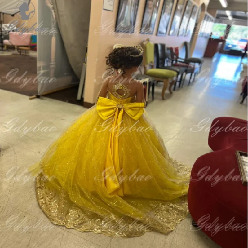 فستان بناتي أنيق أصفر فاتح بأكمام طويلة من الدانتيل من التول فستان سهرة مخصص لحفلات الأطفال