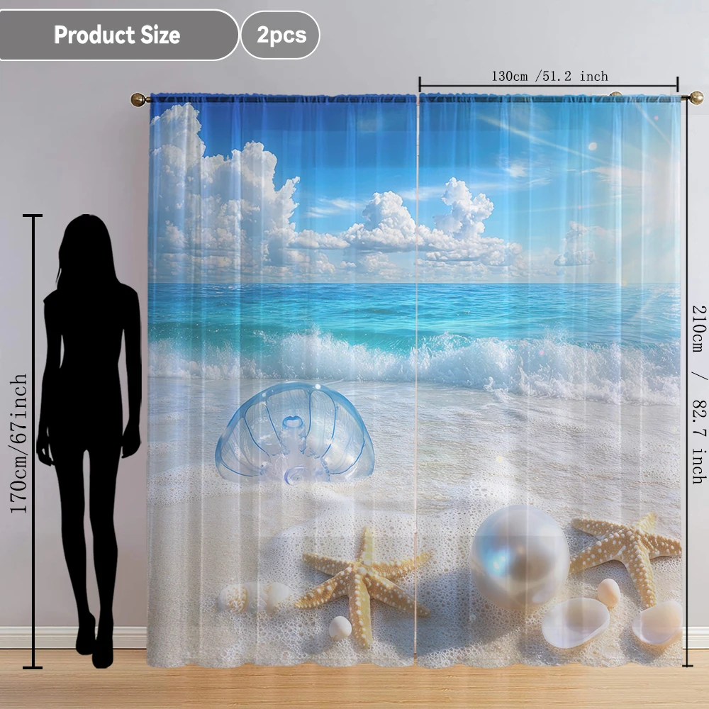 2Pcs Starfish Pearls And Jellyfish Sea View Print Home Decoration Window Screens Suitable For Kitchens, Bedrooms