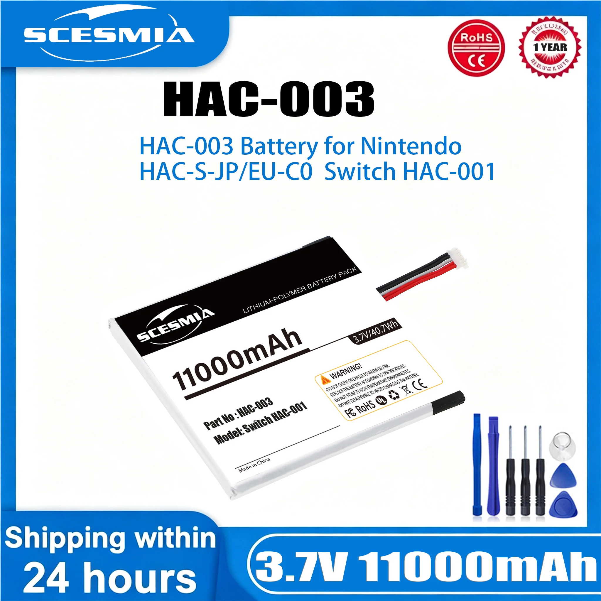 

3.7V 11000mAh Game Console Battery HAC-003 HAC-A-BPHAT-C0 for Nintendo HAC-S-JP/EU-C0, Switch HAC-001 +TOOL
