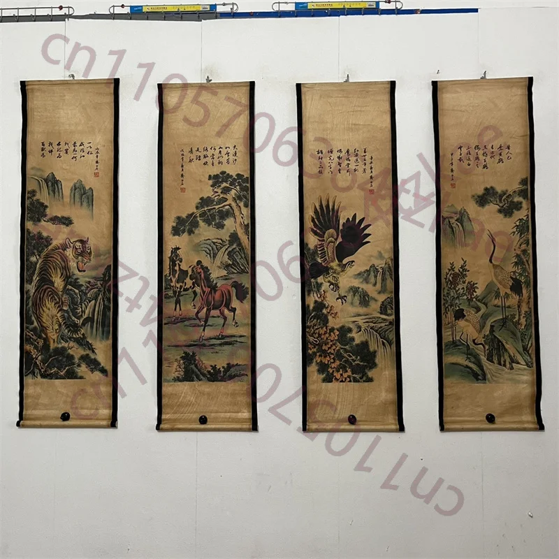 

Китайская старинная свитковая живопись, картины на четырех панелях, картина для центрального зала, тигры, лошади, орлы и журавли Ци Байши.
