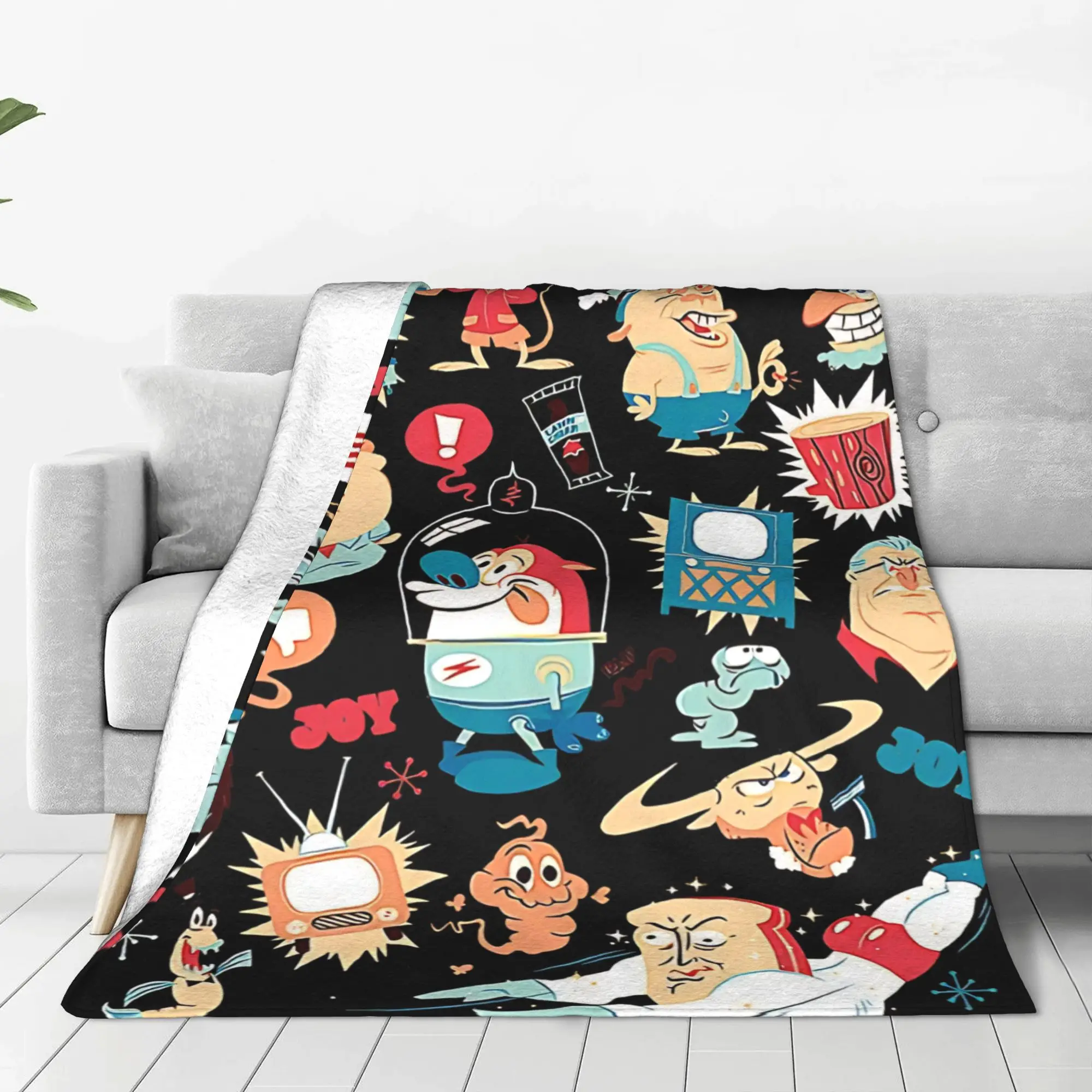 1PC Home Cutecore Wild 90s Animated Duo  Ren & Stimpy Blanket Super Cosy Plush Home Living Room Sofa Halloween