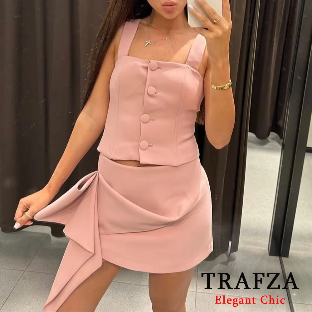 TRAFZA Sweet Sexy Set da 3 pezzi gilet Skinny da donna gonna e giacca nuovo 2024 primavera autunno Fasion Vacation Pink Set da 3 pezzi