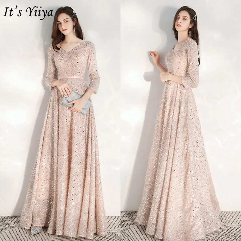 It\'s Yiiya Evening Dresses Elegant Champagne Sequins Evening Dress Long Plus Size Formal Gowns Shining robe de soiree LF179