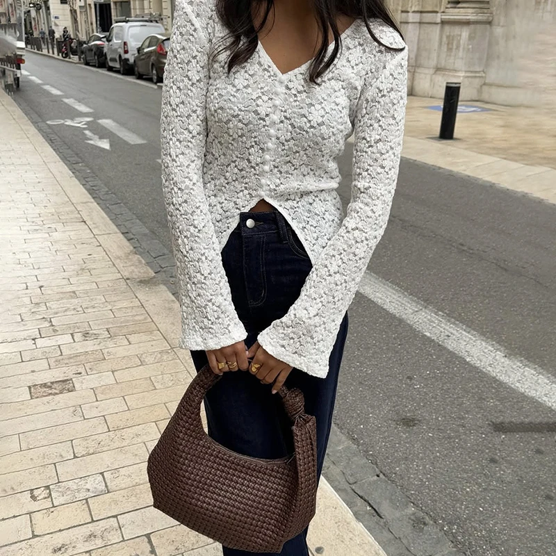 

Typhaland Lace Hollow Long Sleeve T shirt Women's Slit Slim Flare Sleeve Bottoming Top Pearl Buttons V neck Spring Lady T shirt