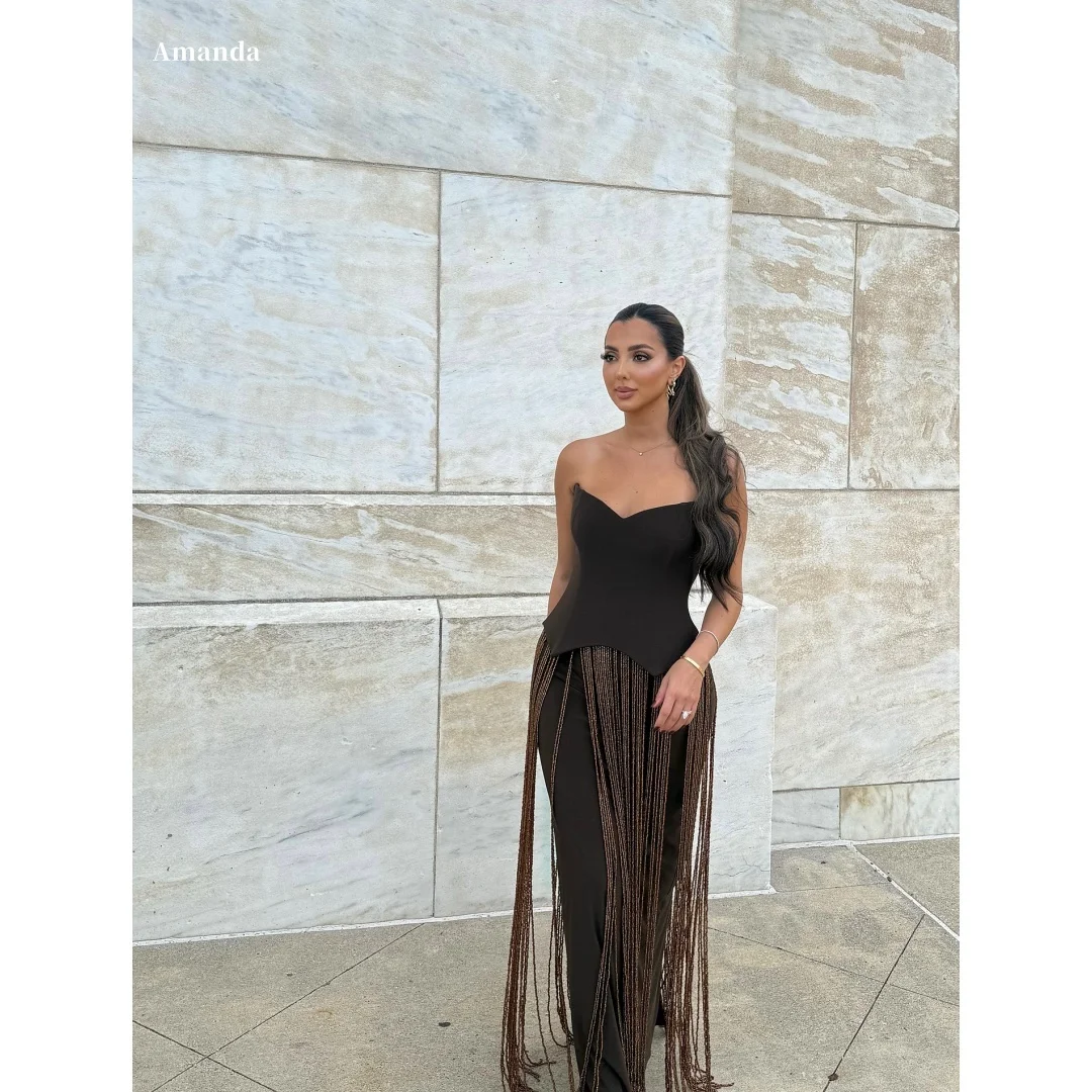 

Amanda Customized Black Sweetheart Neckline Sleeveless Corset Bodice Formal Evening Metallic Long Tassel Overlay High-waist Maxi