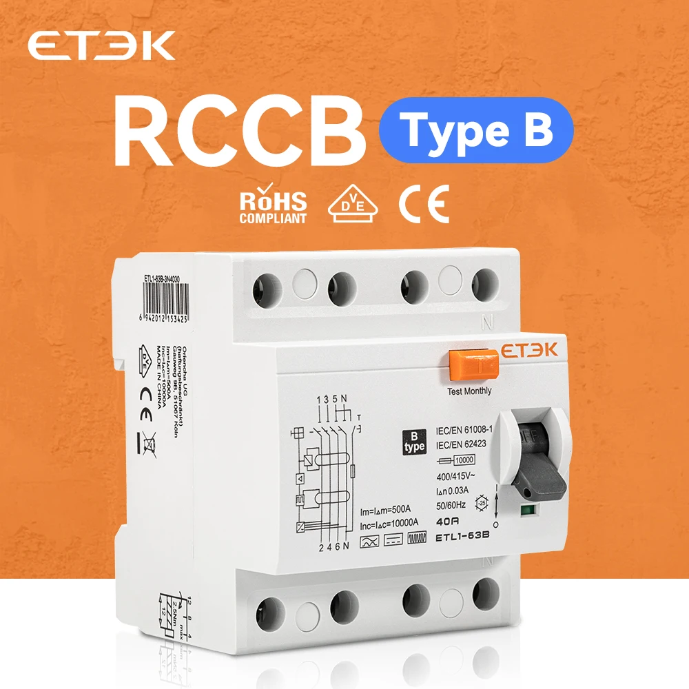 NEW RCCB 10KA Model with DIN Rail for 220V Class B Circuit Breaker - 4-Pole Ground Leakage Circuit Breaker - 40A, 63A, 30mA ETL1