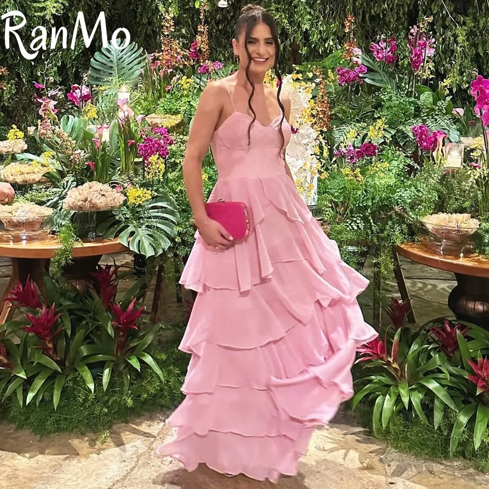 Ranmo 2026 New Elegant Spaghetti Strap Pink Chiffon Evening Party Dresses Ruffle Tiered Pleat Saudi Arabia Prom Gown Customized