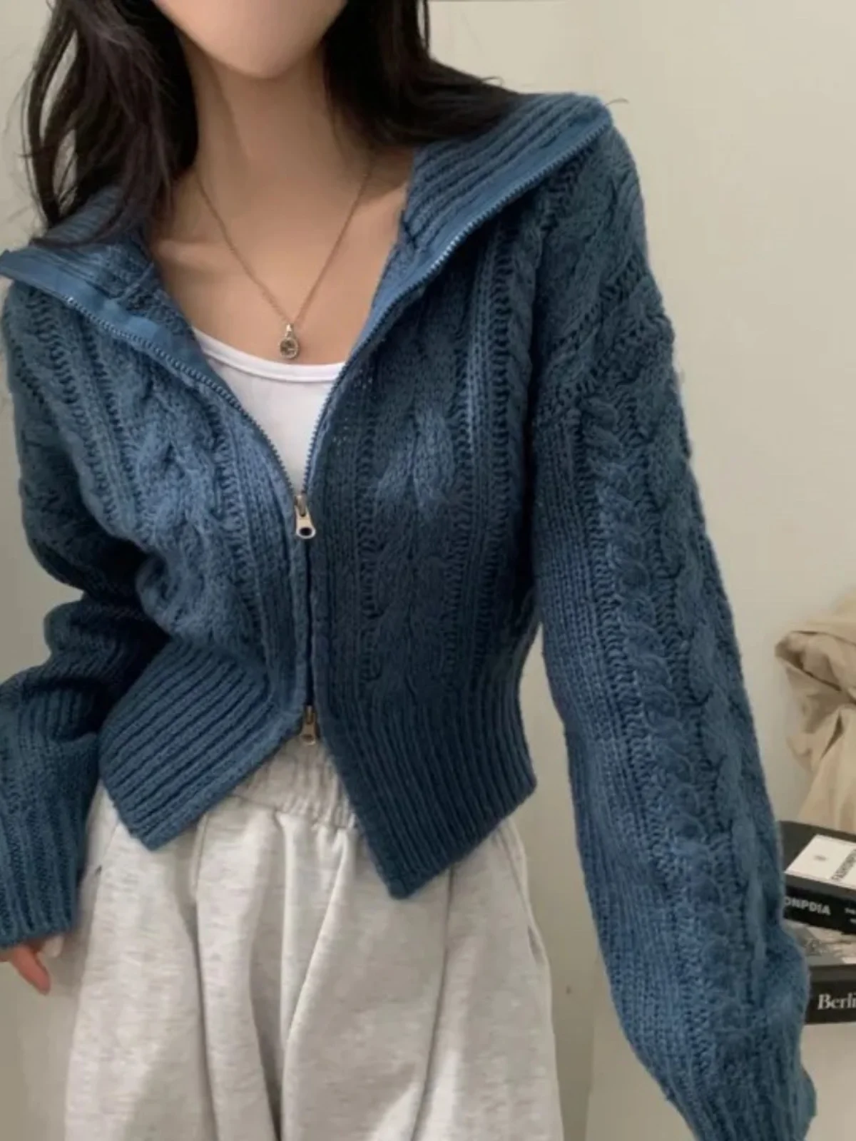 

Laid-ba Sle Women's Knitted Sweater Coat ort Sve Long Sve Stand Collar Double Zipper Korean Version High-End Feeling
