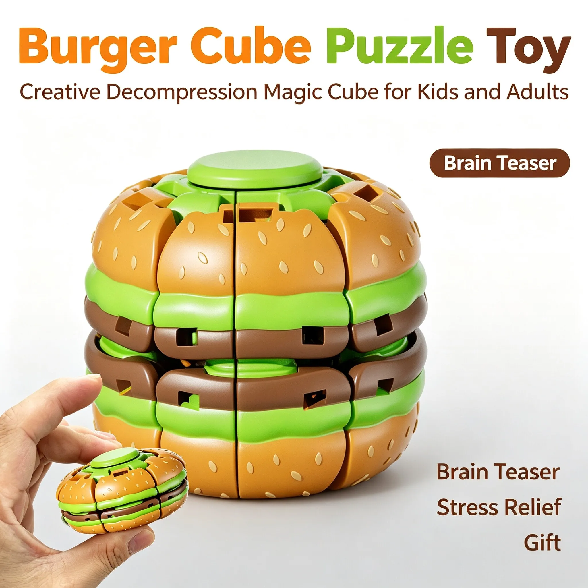 Brinquedo Antiestresse em Forma de Hambúrguer Rotativo, Bola Fidget com Giro de 360 Graus, Brinquedo Portátil para Meninos e Meninas