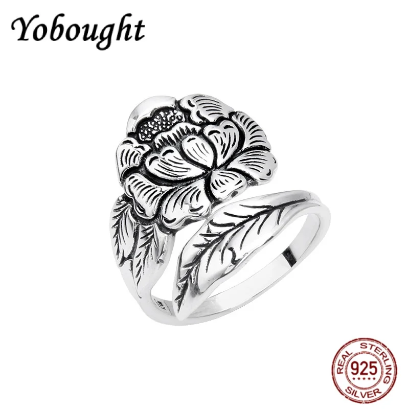 

new 990 Silver Retro Peony Flower Ring for Ladies, Elegant and Ethnic Style Jewelry Gift