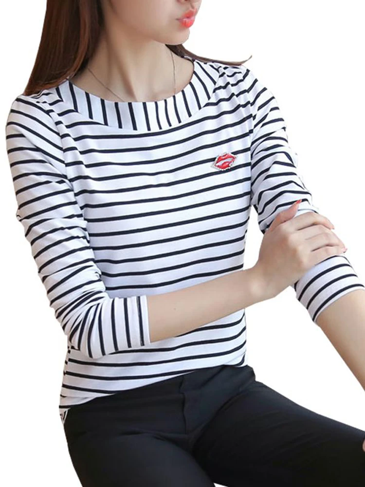 t shirt women striped tops 2022 Autumn Fashion Womens Long Sleeve Cotton Tops Black White T-shirt Woman Clothes XXXL