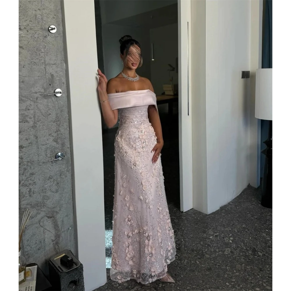 فستان حفلة موسيقية أنيق من التل مزين بالزهور 2025 قبالة الكتف من الساتان حورية البحر طول الأرض فساتين الحفلات الرسمية حسب الطلب