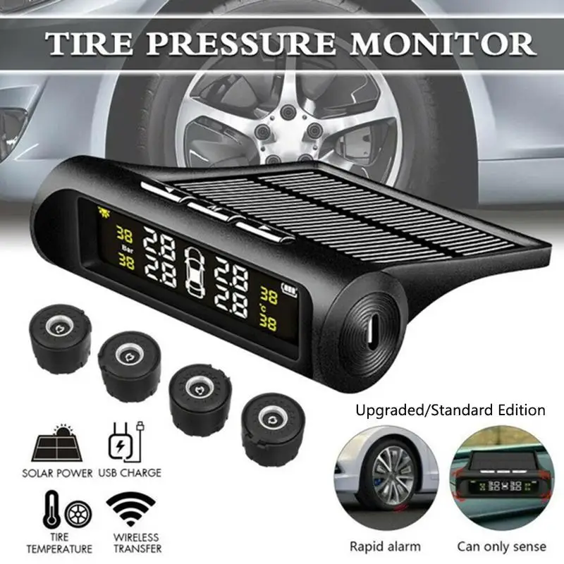 Tire Pressure Monitoring System, TPMS with Solar And USB Charging, 5 Alarm Modes, Real-Time Monitoring of Pressure And Temperature, Auto And Color Display Screens, Suitable for 4-Wheeled Vehicles