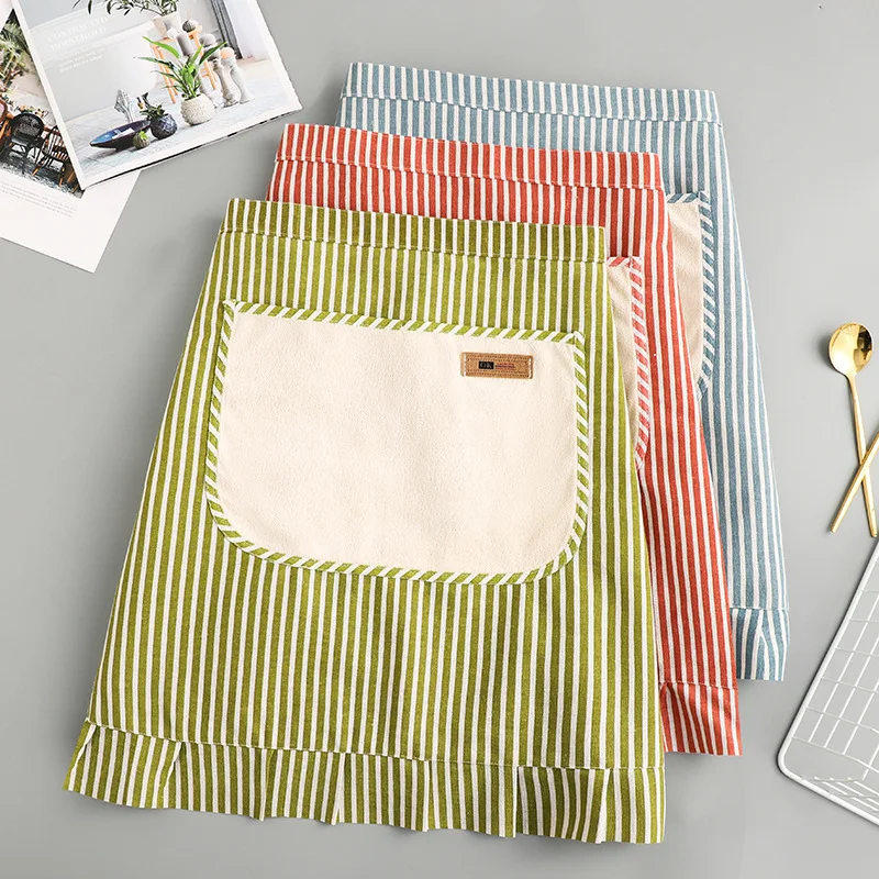 Half-length Hemp Apron Striped Cotton Household Kitchen for Cleaning Cooking Baking with Large Pocket Cute Women Apron Overalls