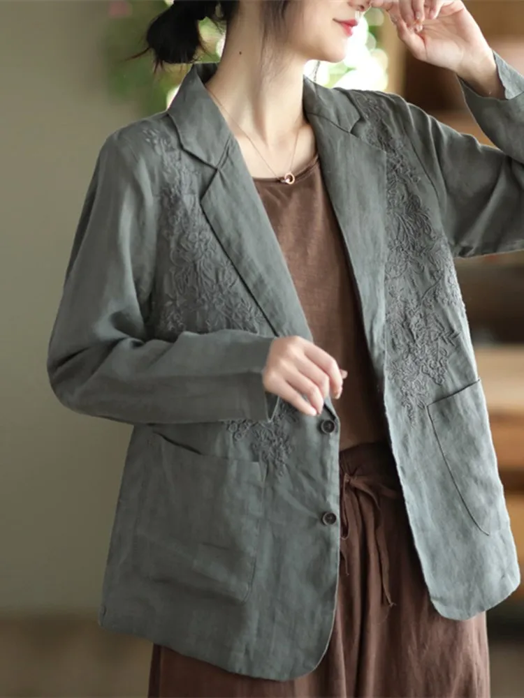 Lente Zomer Nieuwe Zware Borduurwerk Linnen Pak Jas Grote Maat Losse Revers Lange Mouw Open Cardigan Buitenkleding voor Dames