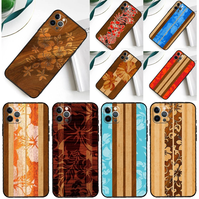 Hawaiian Faux Wood Surfboard Phone Case For iPhone 16 15 Pro Max 12 13 Mini 11 14 Pro Max XR 16 15 Plus 16e Cover Coque