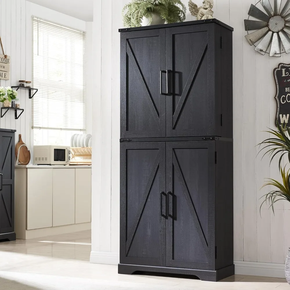 

72" Tall Kitchen Pantry, Farmhouse Storage Cabinet with Barn Doors, Drawers and Adjustable Shelves, Rustic Wood Cabinets