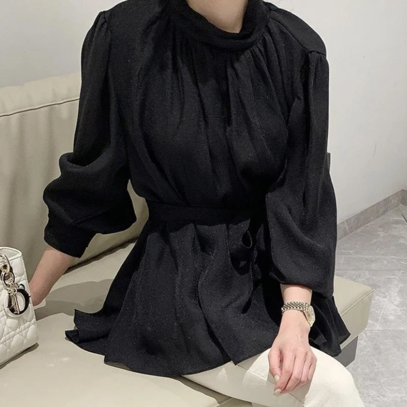 Elegant Chic Women's Shirt High Collar Gathered Slimming Lantern Sleeve Long Sleeve Loose Fit Pure Color Autumn Fashion