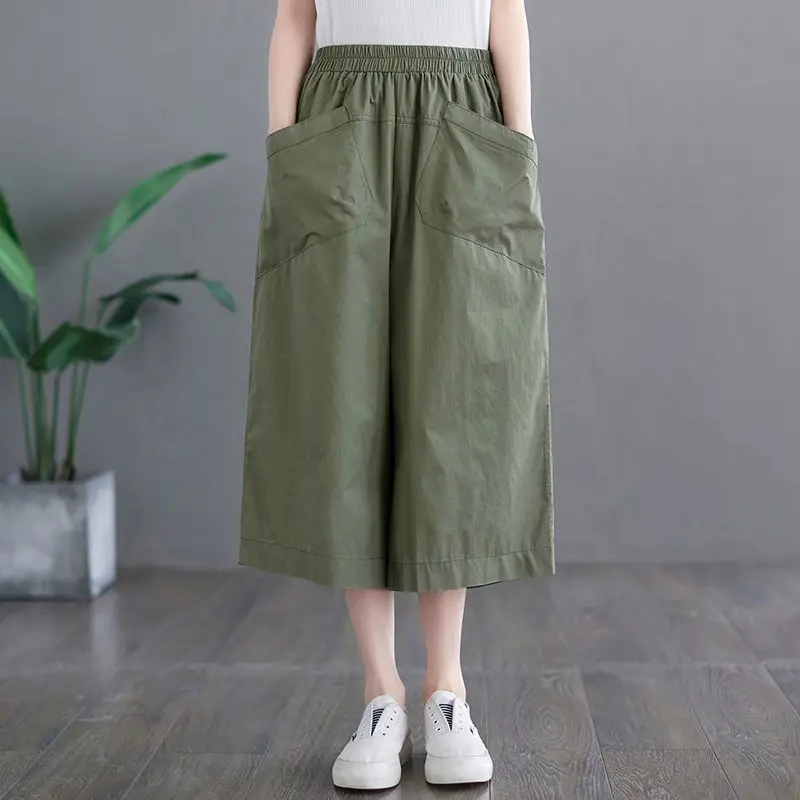 Summer 2024 Women\'s New Spliced Elasticized High-waisted Pocket Solid Color Minimalist Comfortable Casual Loose All-match Capris