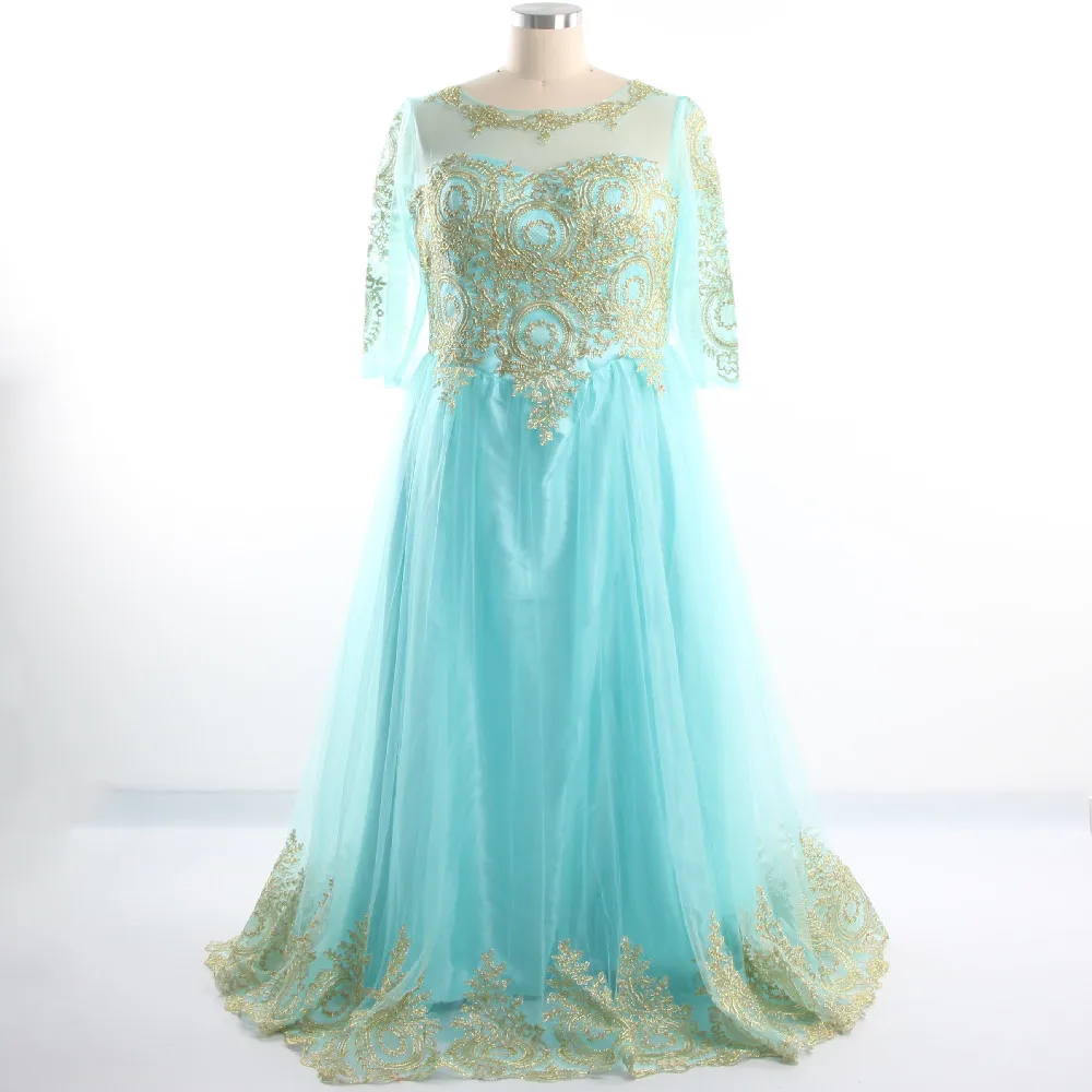 

Evening Dresses Green O-neck Tulle Golden Appliques Full Sleeves Lace up Plus size A-line Floor Length Women Party Dress CH238