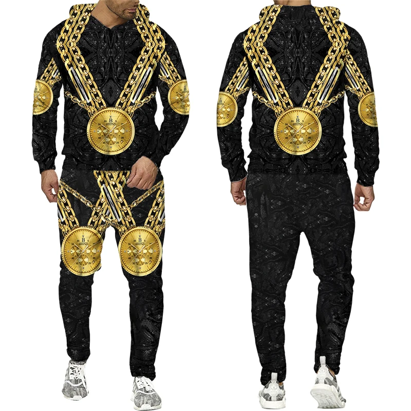 3D Print Hoodie e calças para homens e mulheres, conjunto Sportswear, agasalho, roupas de corrida, roupas, leopardo, padrão dourado, moda