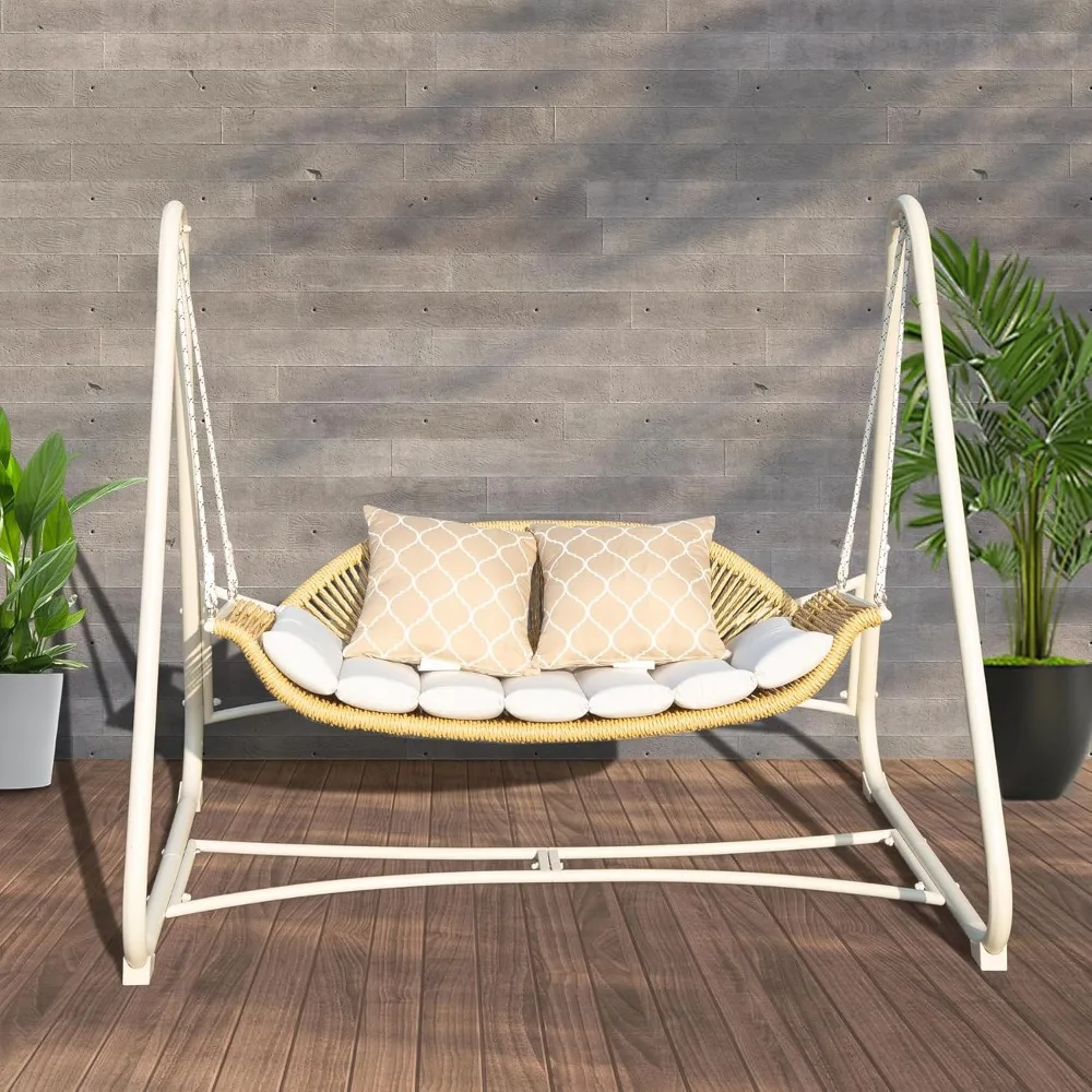 

Hammock, two hanging seats with thickened cushions and pillows, wicker porch swing chair, outdoor porch, garden, hammock