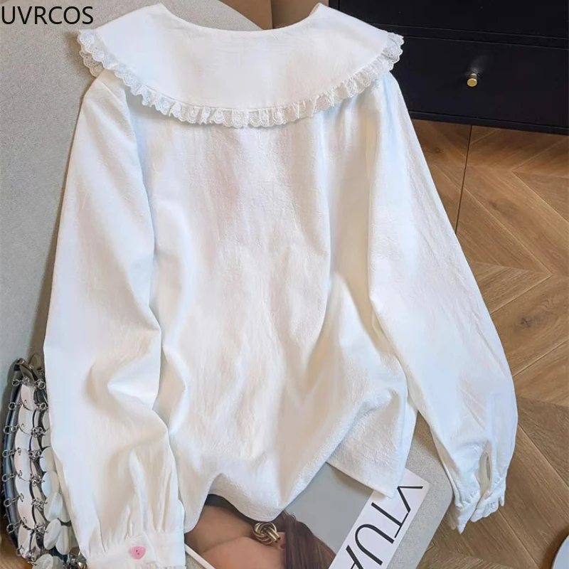 Japanese Preppy Style White Shirt Women Kawaii Bunny Embroidery Lace Peter Pan Collar Lolita Blouse Sweet Loose Blusas Mujer Top