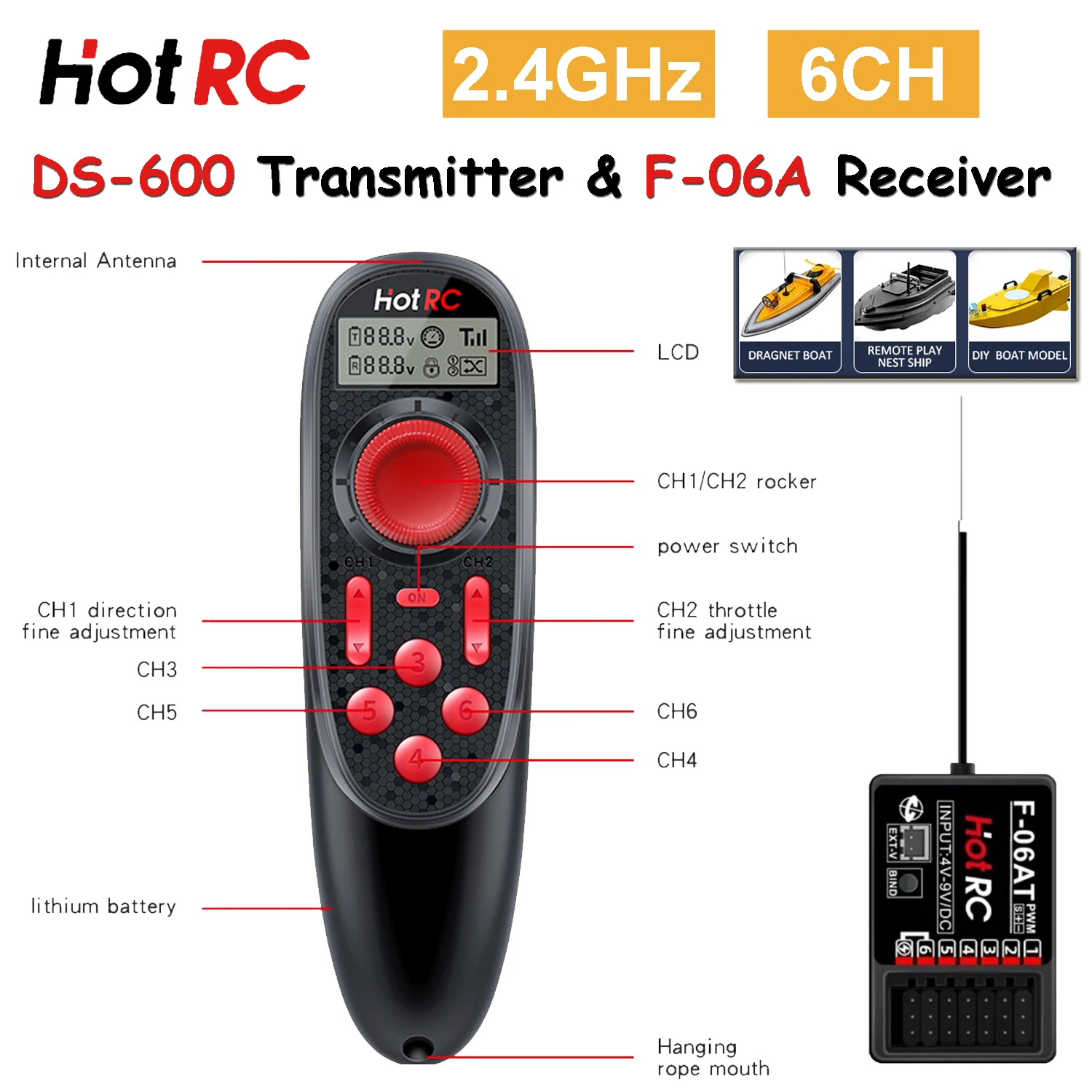 

Пульт дистанционного управления HOTRC DS-600 2,4 ГГц 6-канальный передатчик радиосистемы FHSS F-06A PWM 6-канальный приемник для радиоуправляемой сетки, лодки, рыбацкой лодки