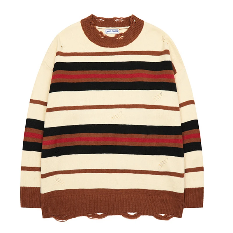 

Green Stripe Sweaters Destroyed Ripped Sweater Women Pullover Hole Knit Jumpers Oversized Sweatshirt Harajuku Long Sleeve Tops