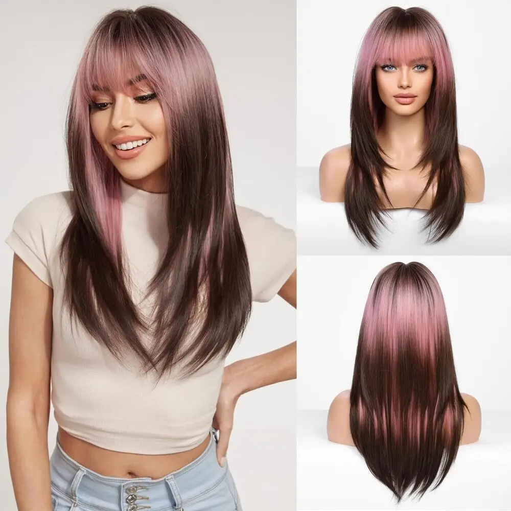 Black Pink Short Straight Wig With Bang Synthetic For Women Synthetic