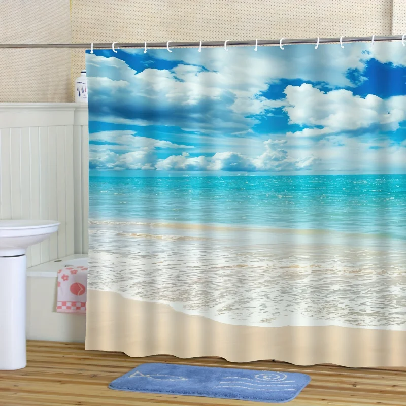 1pc Serene Vast Blue Ocean Modern Digital Print Shower Curtain with Hooks, Water-Resistant Polyester Woven Knit Fabric, Machine