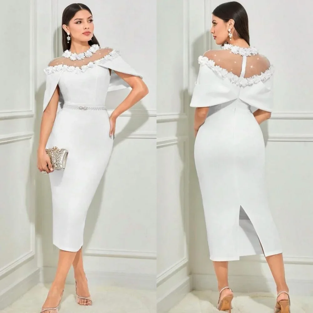

Customized Jersey Flower Sash Homecoming Sheath High Collar Bespoke Occasion Gown Midi Dresses