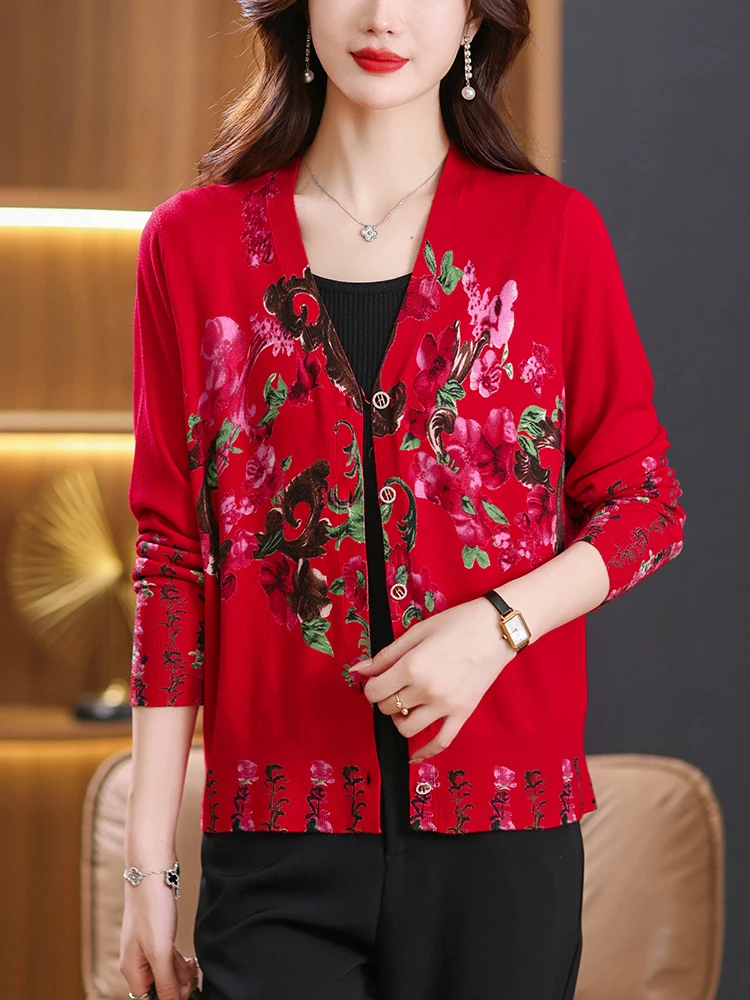 Floral Print Sweater Women Autumn Korean Fashion Womens Clothing Cardigan High Quality Knitwears Single-breasted Cardigans