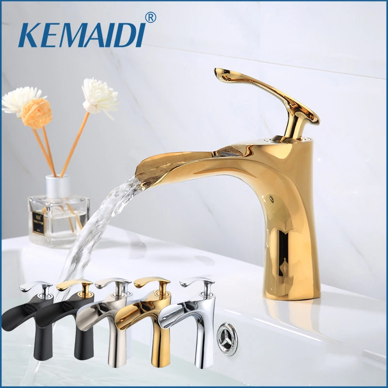 KEMAIDI Gorgeous Golden Basin Taps in Tall & Short Height Ideal for Bathroom Waterfall Faucet Single Lever Hot Cold Water Mixer