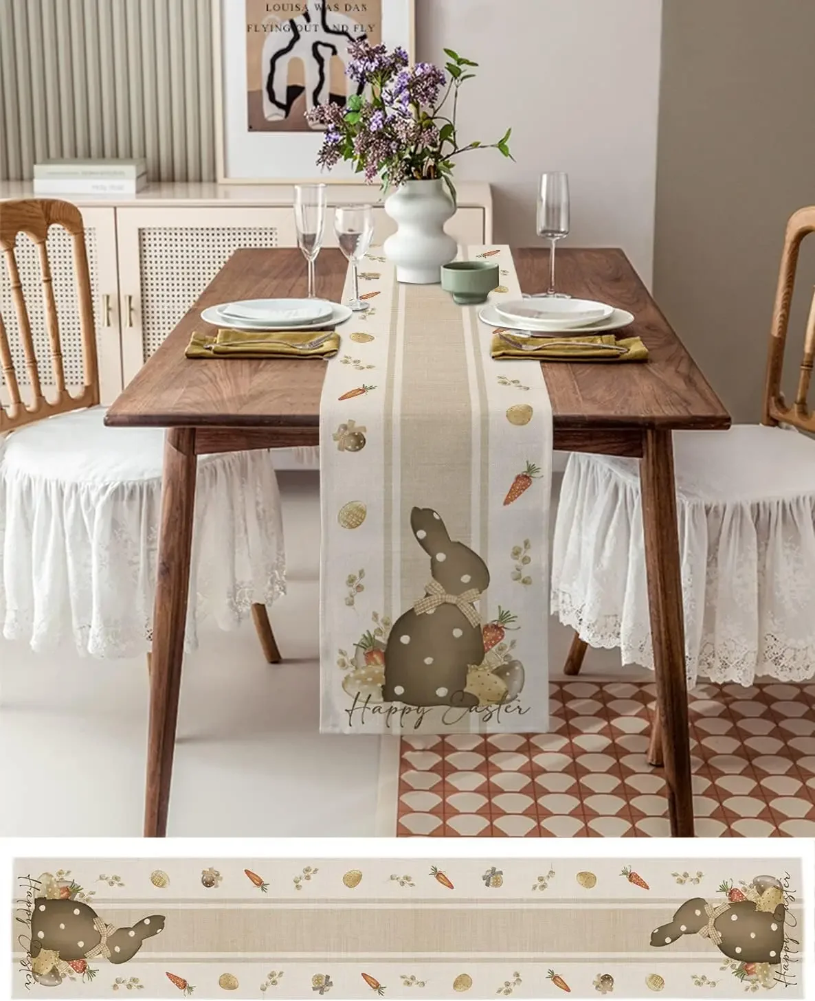 Happy Easter Bunny Eggs Carrot Rabbit Table Runner Holiday Party Decor Seasonal Spring Dining Table Runners Dresser Scarf Decor